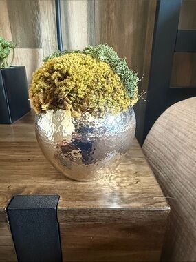 Decorative Silver Hammered Vase with Artificial Green Moss Accent